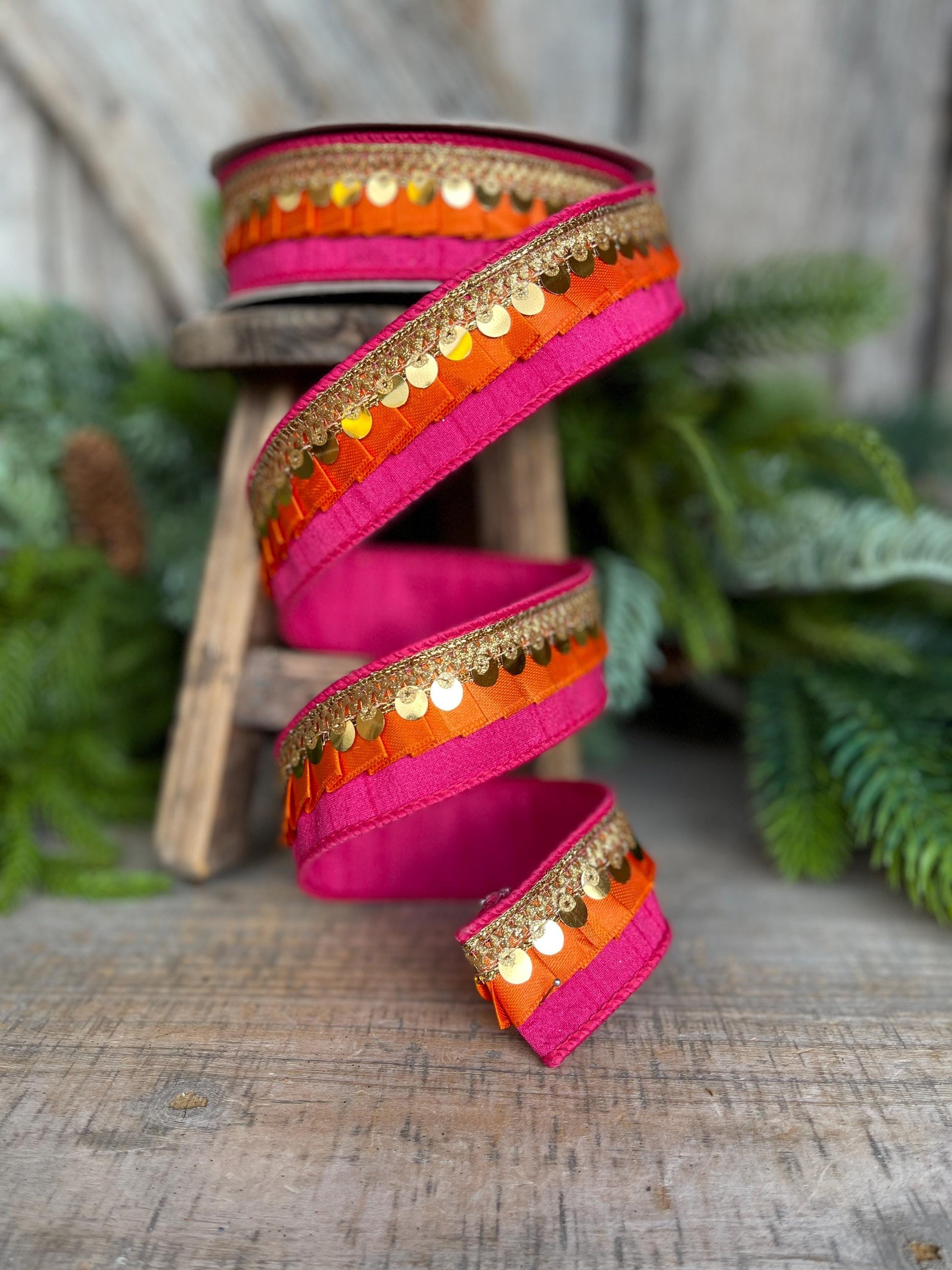 1" Pink Orange Festive Frills, Farrisilk RIbbon, Pink Orange Gold RIbbon