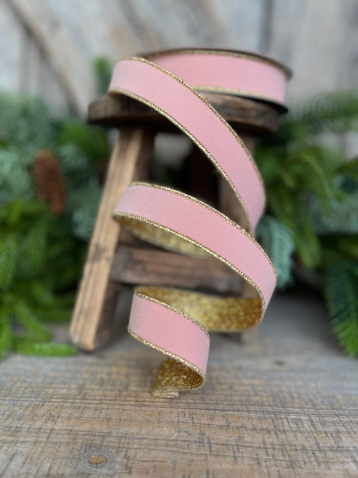 1" Blush Pink &amp; Gold Ribbon, Farrisilk Ribbon, Gold Gleam Ribbon