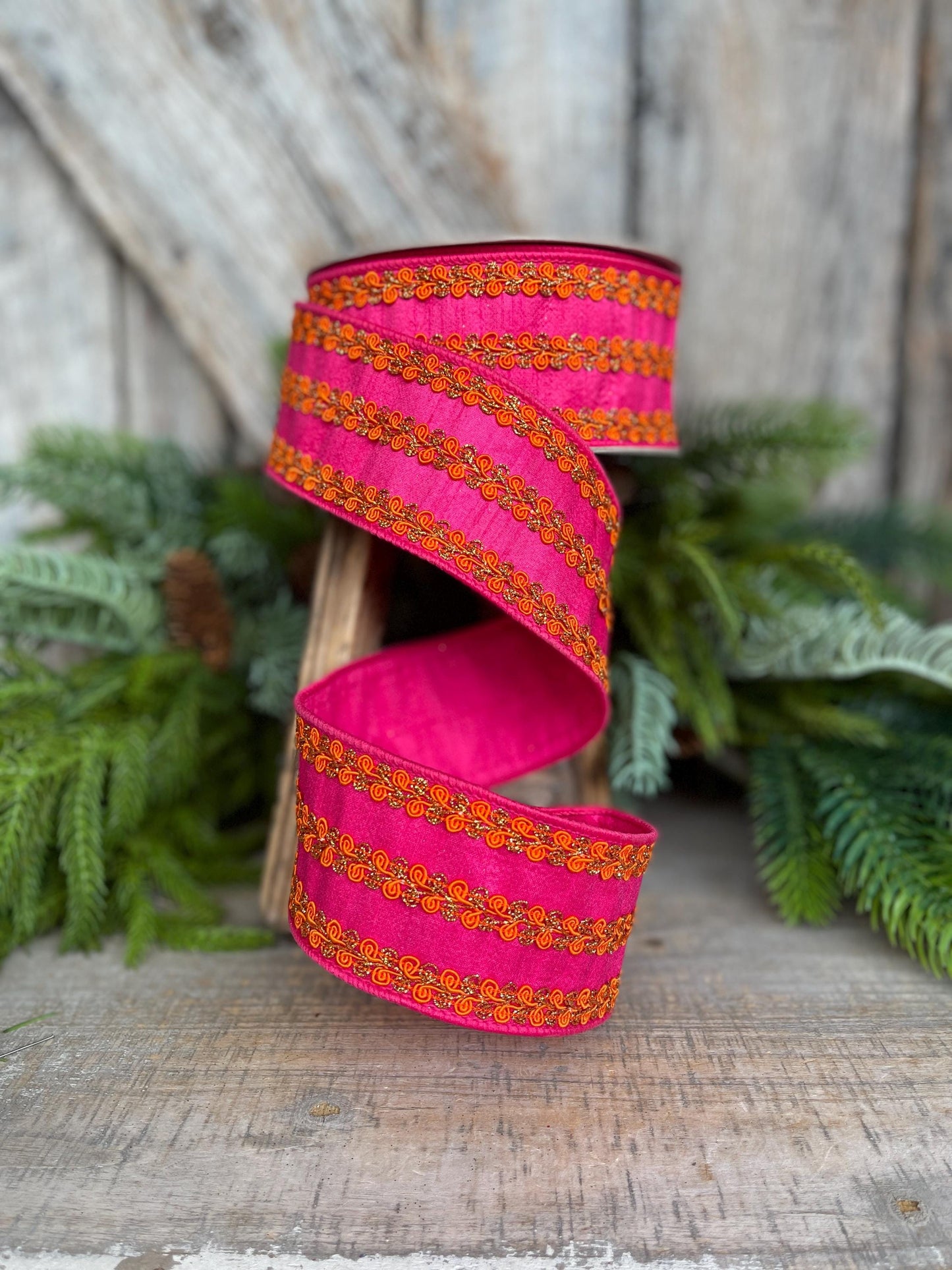 2.5" Hot Pink Orange Ribbon, Farrisilk Ribbon, Hot Pink & Orange Carnival Frills Ribbon