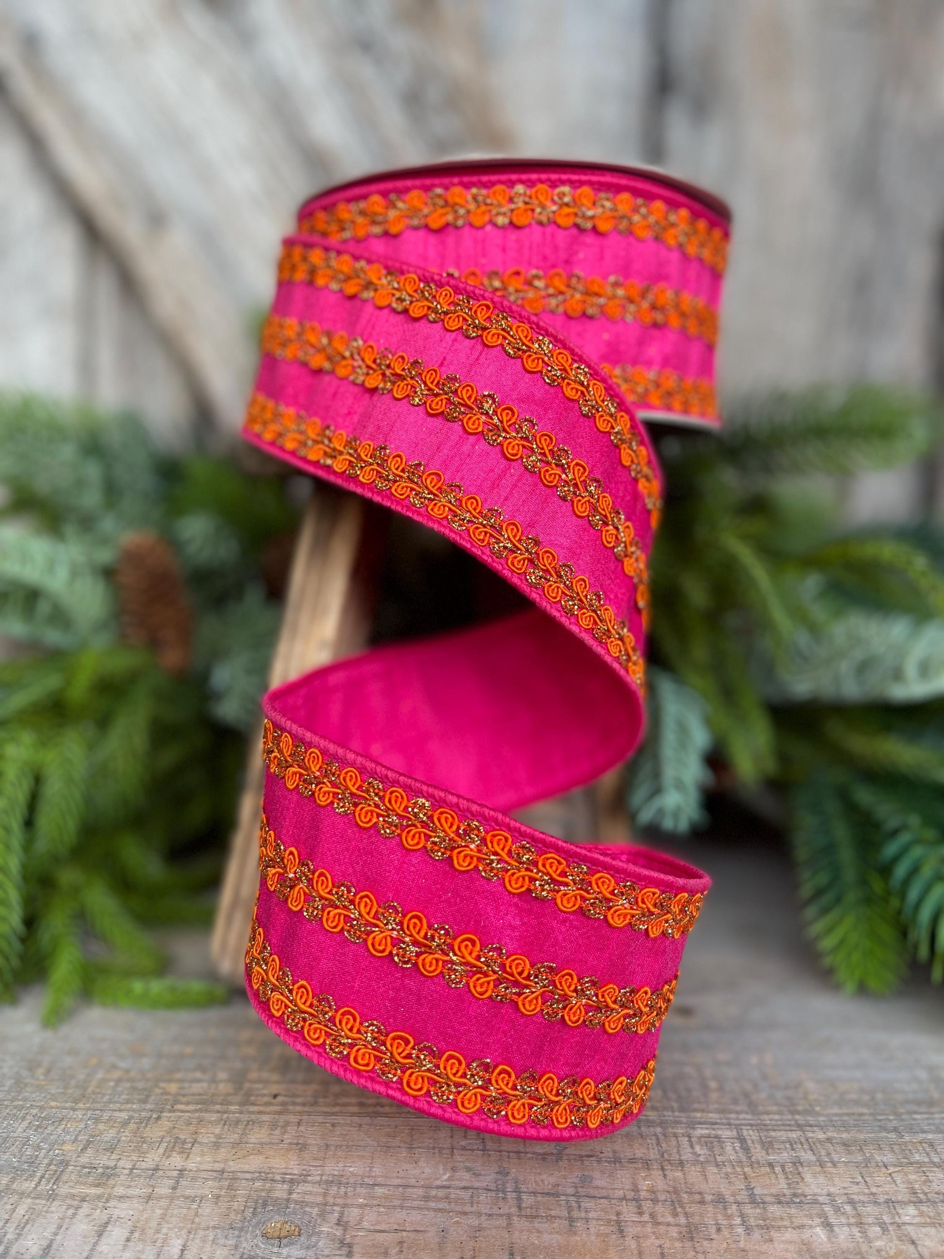2.5" Hot Pink Orange Ribbon, Farrisilk Ribbon, Hot Pink & Orange Carnival Frills Ribbon