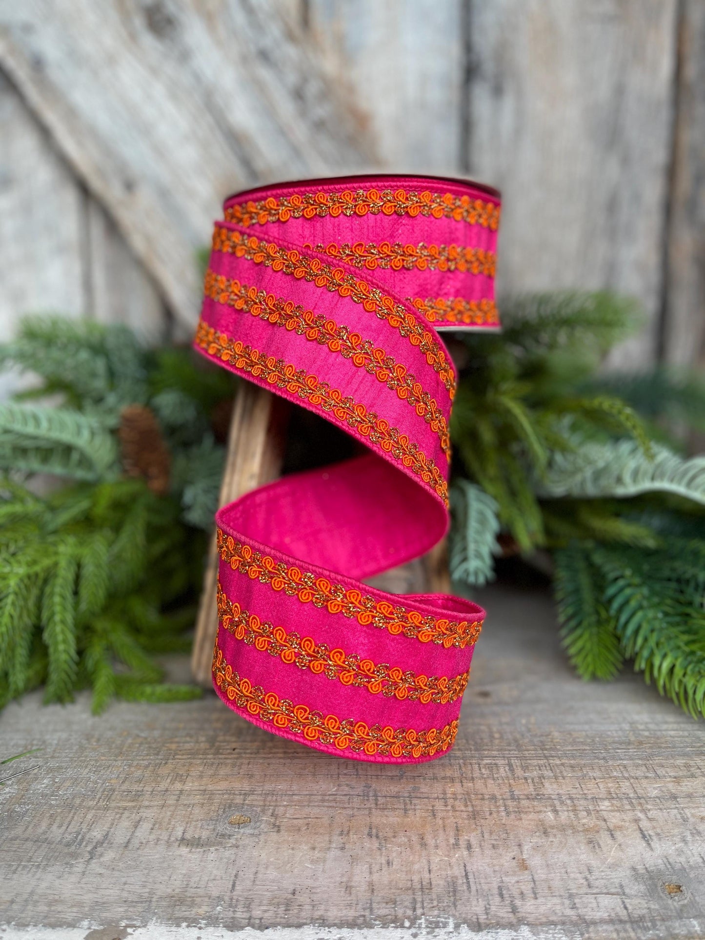 2.5" Hot Pink Orange Ribbon, Farrisilk Ribbon, Hot Pink & Orange Carnival Frills Ribbon