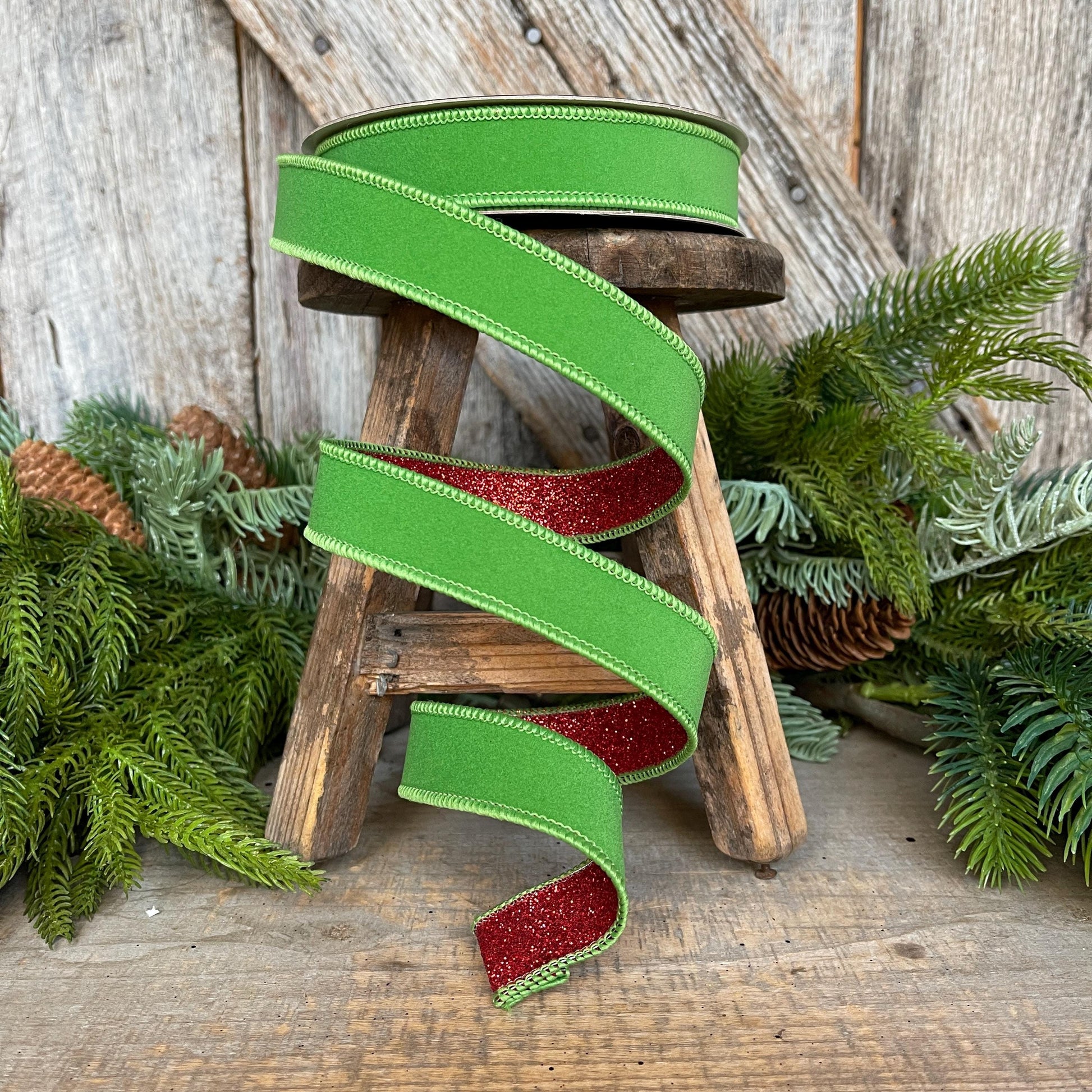 1" Lime Green & Red Ribbon, Farrisilk Ribbon, Green Red Fusion Ribbon