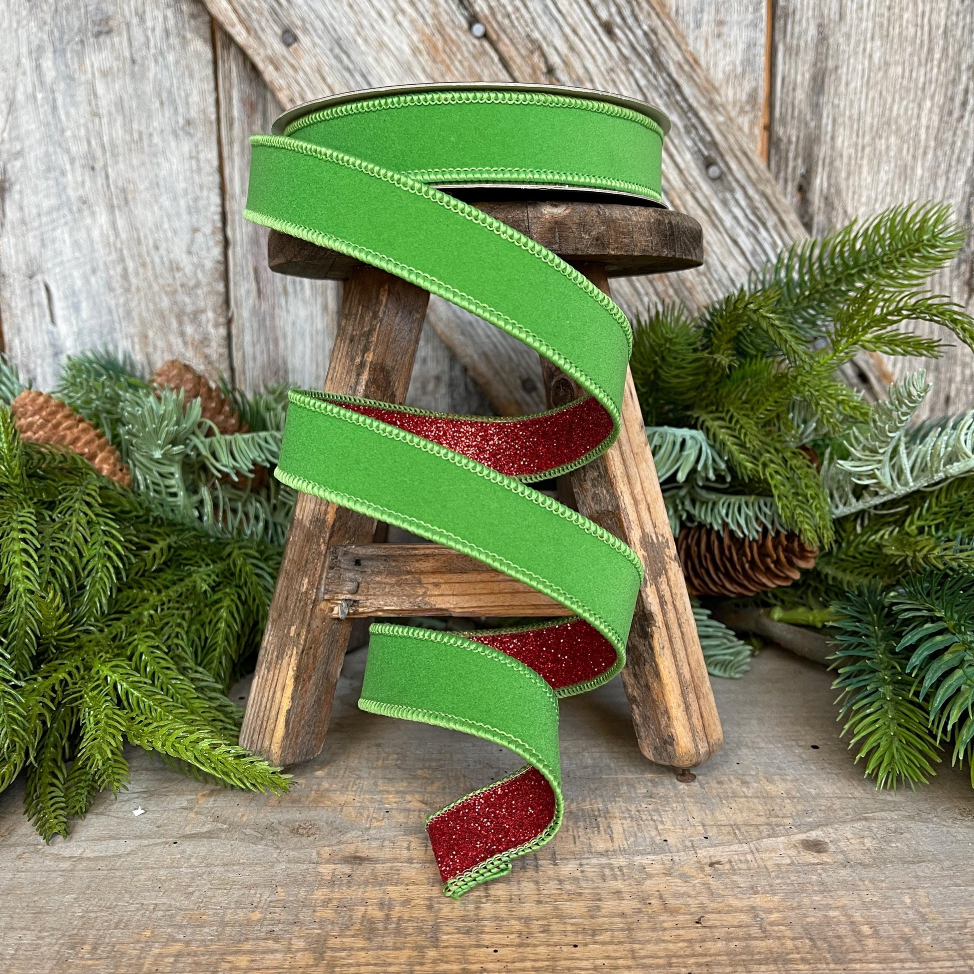 1" Lime Green & Red Ribbon, Farrisilk Ribbon, Green Red Fusion Ribbon