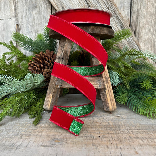 1" Red & Emerald Green Ribbon, Farrisilk Ribbon, Red Green Fusion Ribbon, Traditional Christmas, Christmas Ribbon, RS200-48