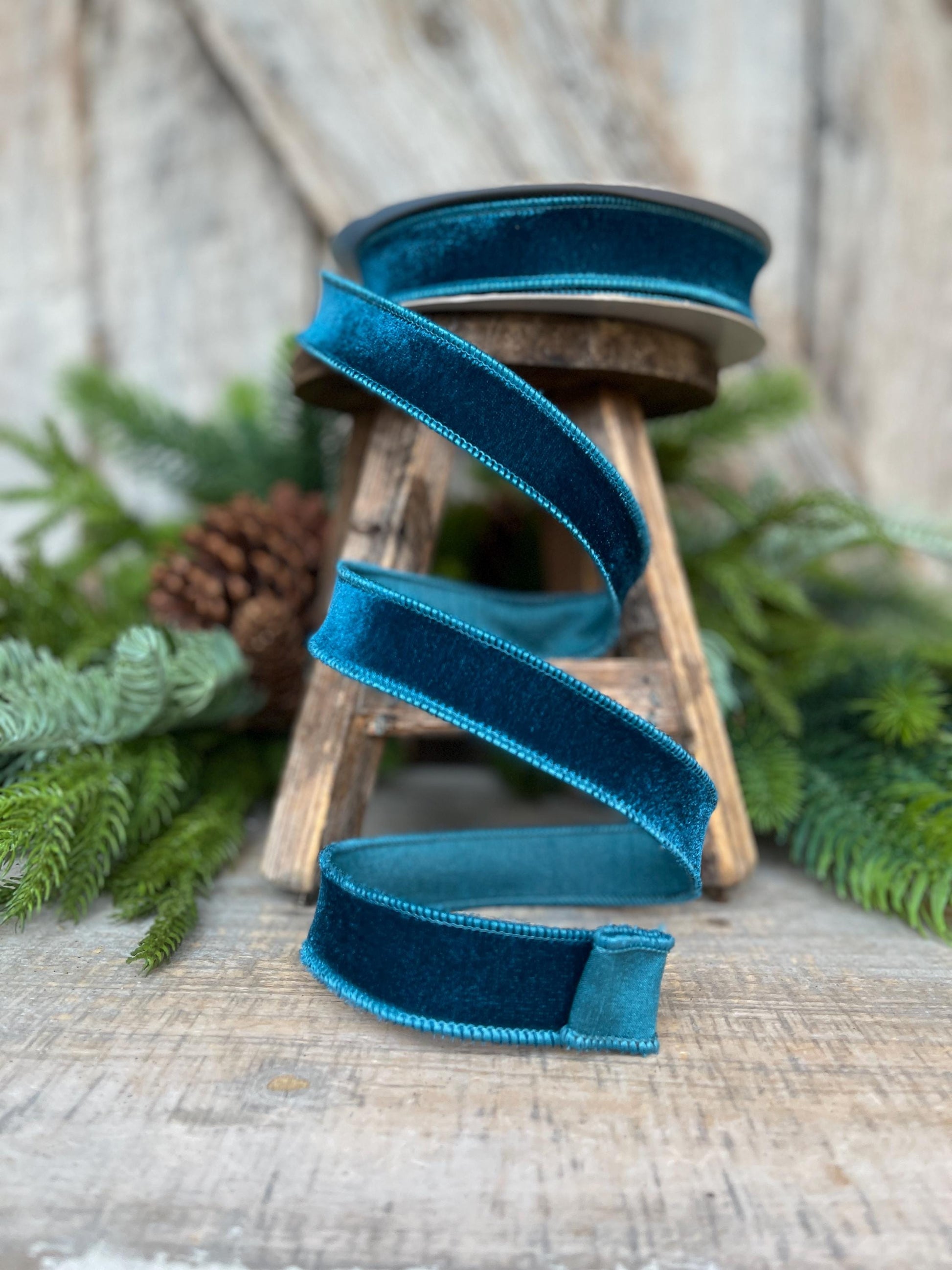 1" Dark Teal Velveteen Ribbon, Farrisilk Ribbon, Teal Ribbon