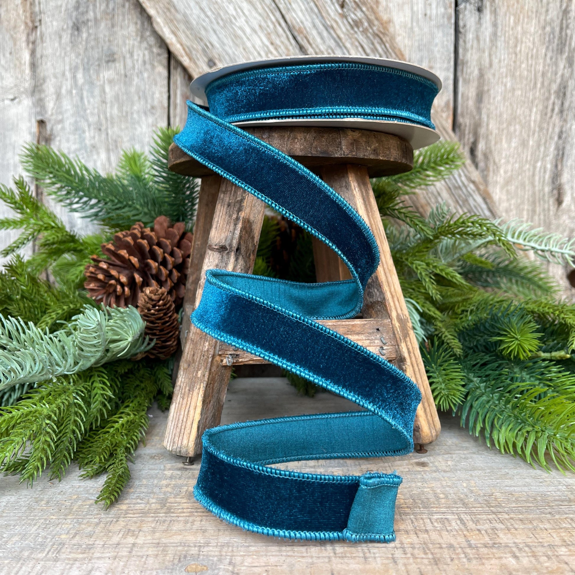 1" Dark Teal Velveteen Ribbon, Farrisilk Ribbon, Teal Ribbon