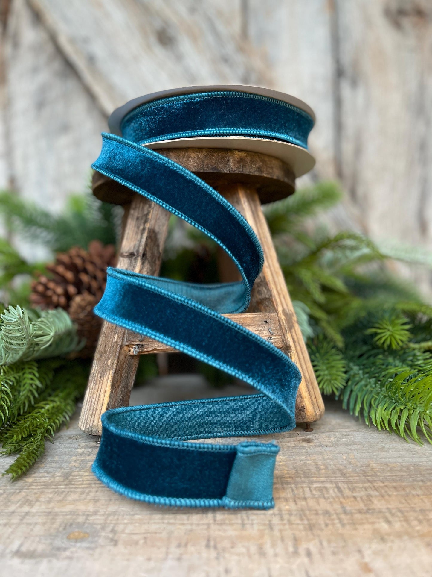 1" Dark Teal Velveteen Ribbon, Farrisilk Ribbon, Teal Ribbon