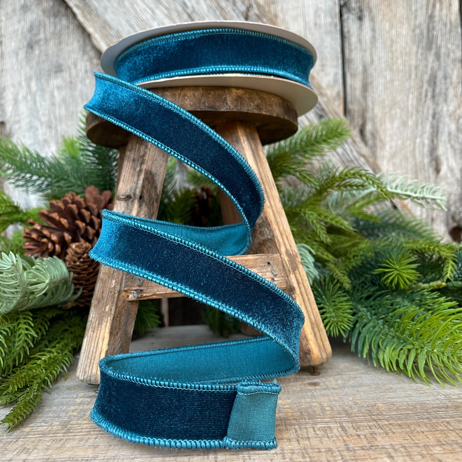 1" Dark Teal Velveteen Ribbon, Farrisilk Ribbon, Teal Ribbon