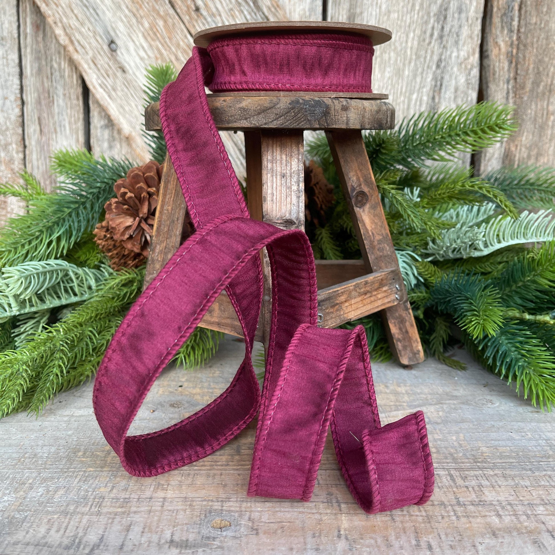1” Wine Berry Dupioni Ribbon, Dupioni ribbon, wired ribbon