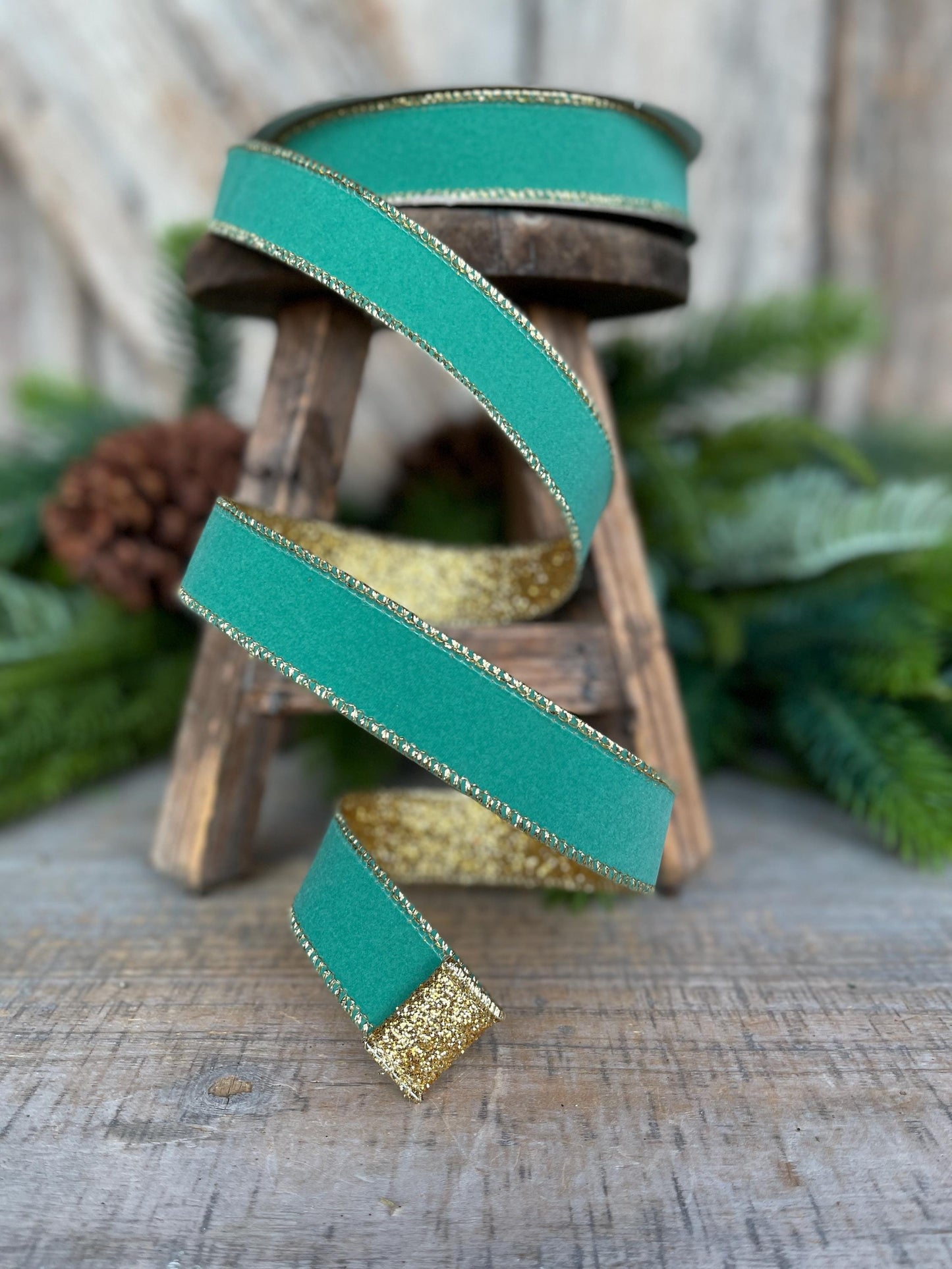 1" Teal Gold Gleam Ribbon, Farrisilk Ribbon, Wired Ribbon