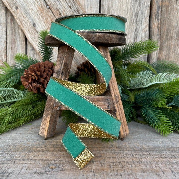 1" Teal Gold Gleam Ribbon, Farrisilk Ribbon, Wired Ribbon