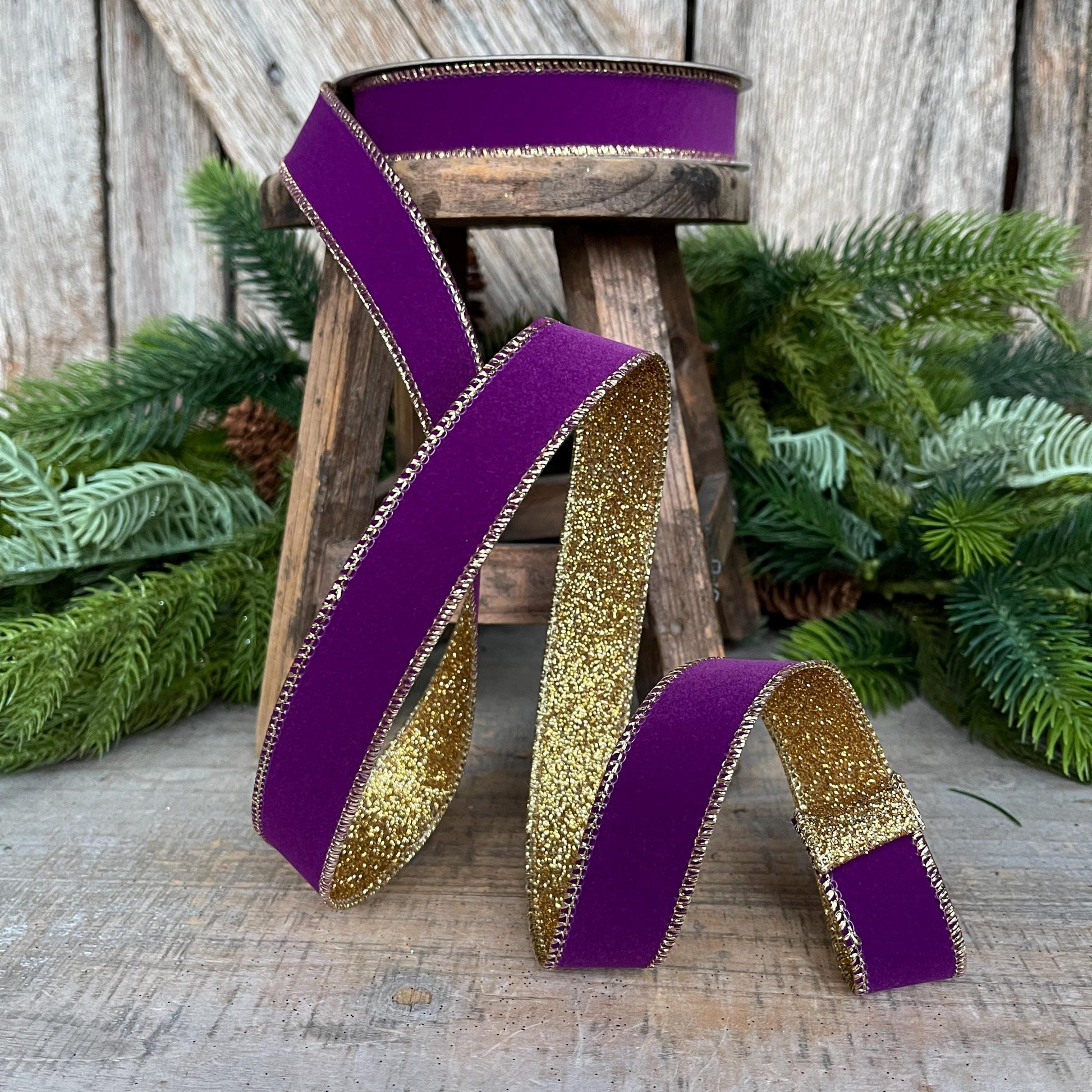 1" Purple Gold Gleam Ribbon, Farrisilk Ribbon, Wired Ribbon