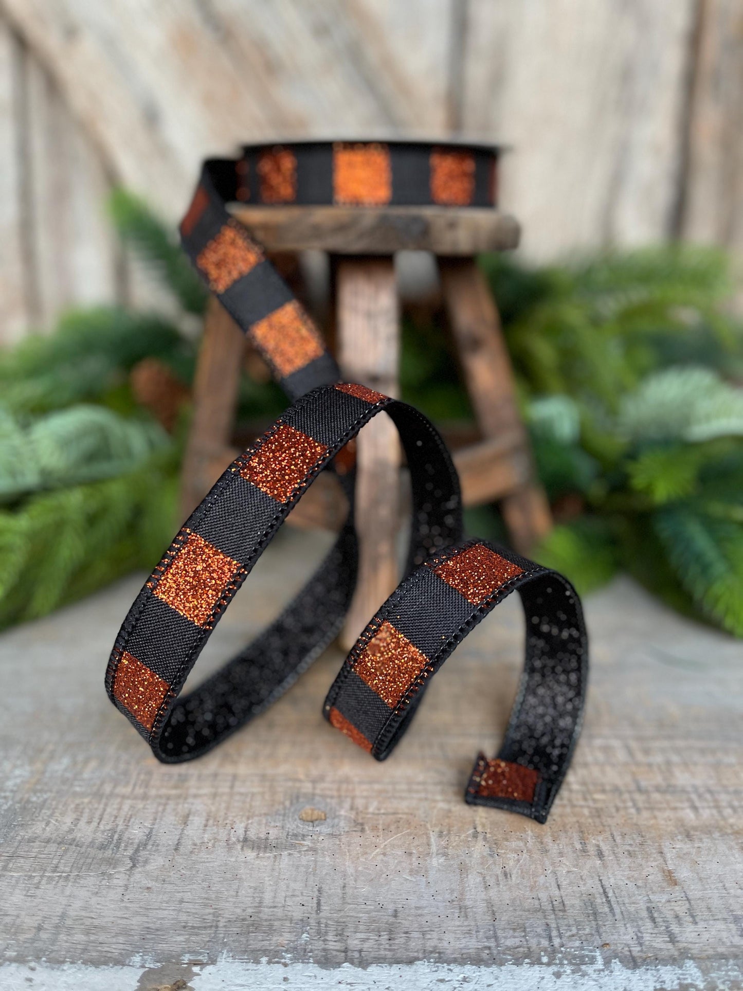 1" Black Orange Halloween Ribbon, Stripe Ribbon, Black Orange Glitter Ribbon