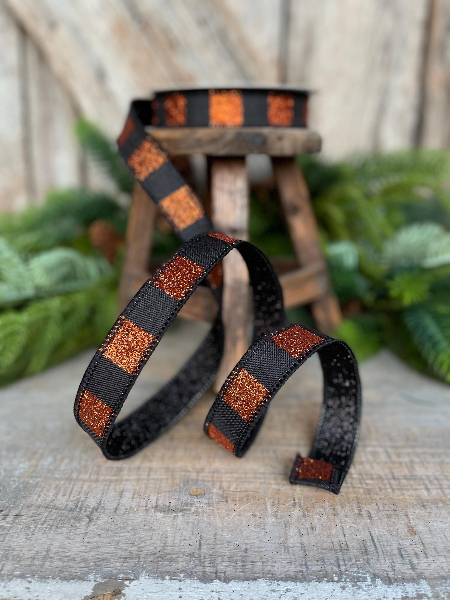 1" Black Orange Halloween Ribbon, Stripe Ribbon, Black Orange Glitter Ribbon