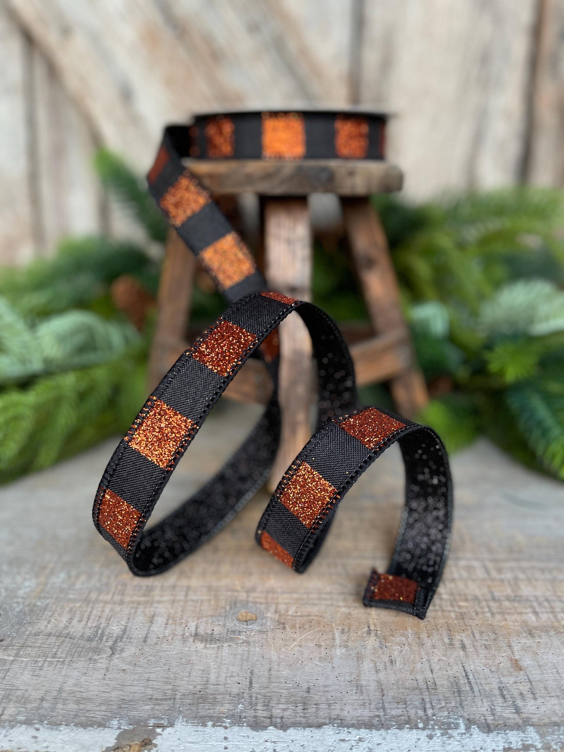 1" Black Orange Halloween Ribbon, Stripe Ribbon, Black Orange Glitter Ribbon