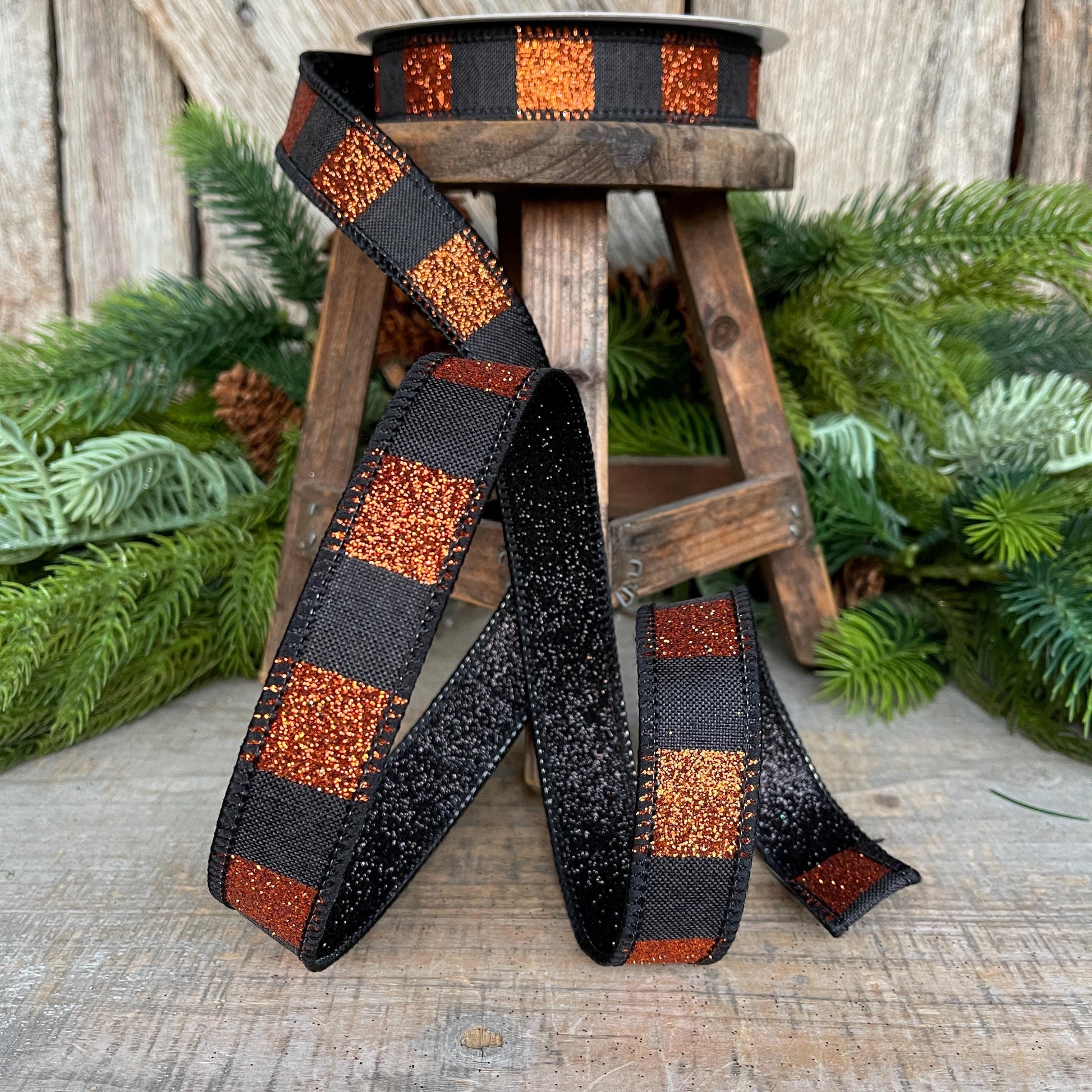 1" Black Orange Halloween Ribbon, Stripe Ribbon, Black Orange Glitter Ribbon