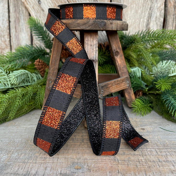1" Black Orange Halloween Ribbon, Stripe Ribbon, Black Orange Glitter Ribbon