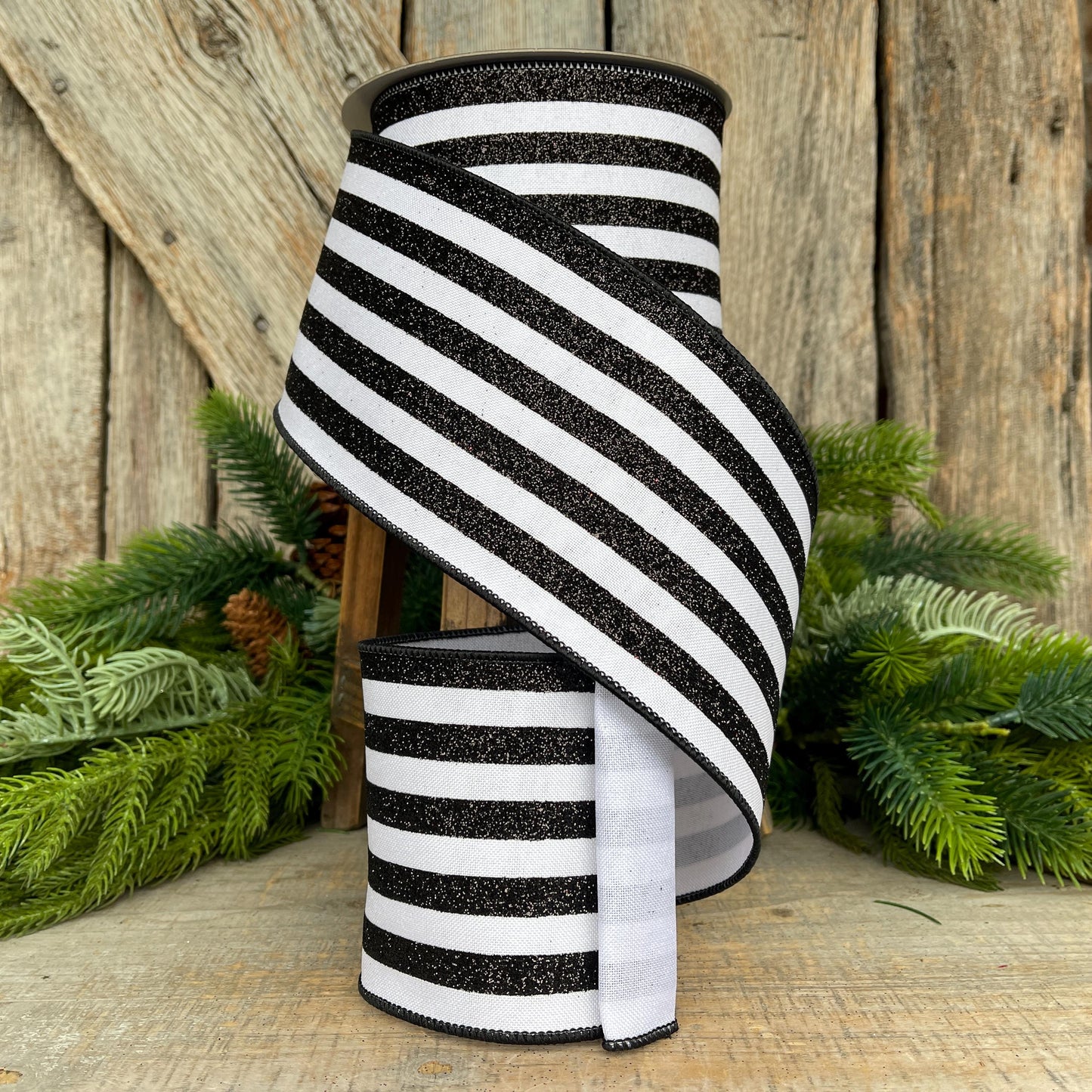 4" Black and White Glitter Stripe Ribbon, Farrisilk Ribbon, Ribbon for Christmas Tree