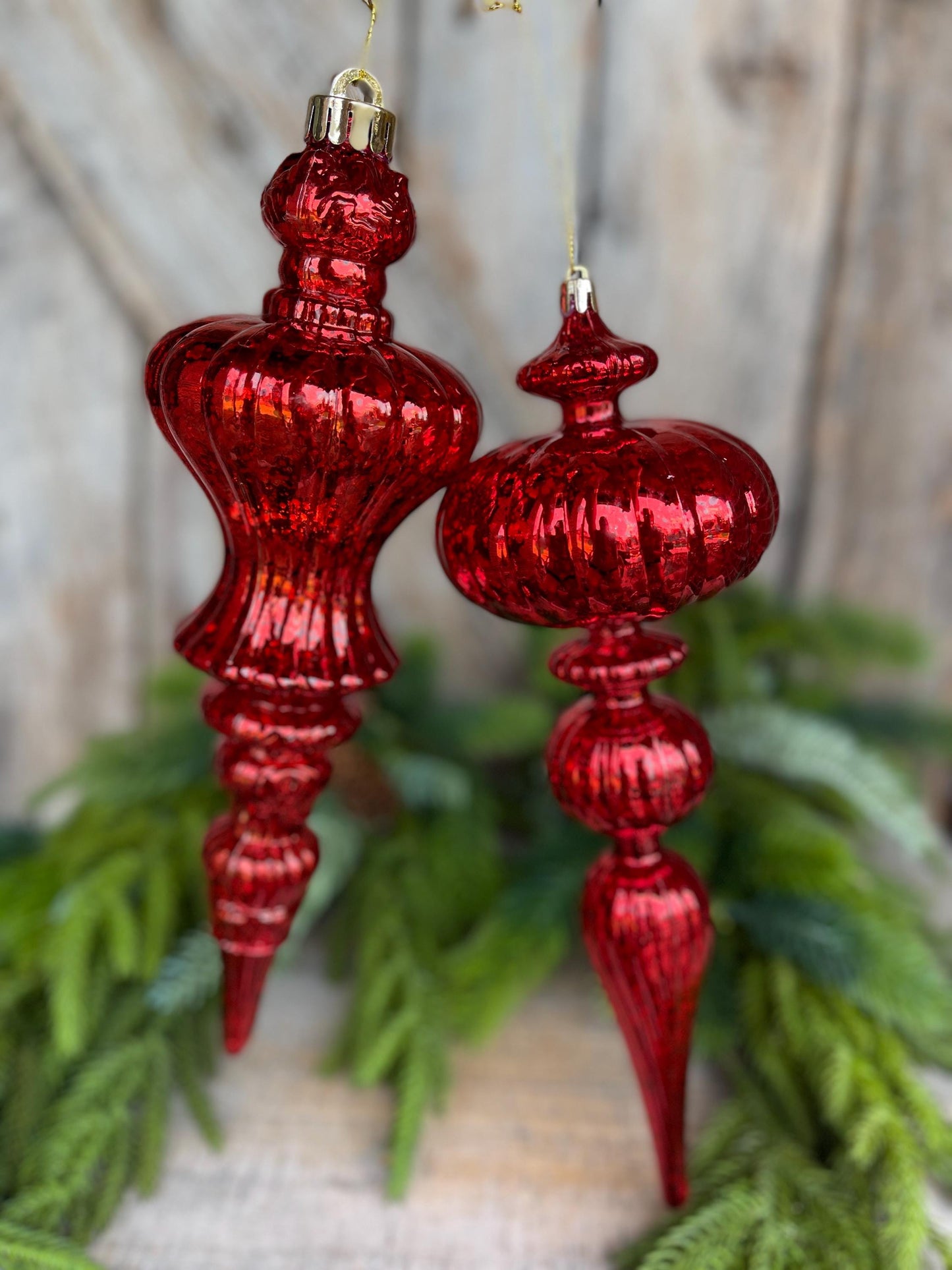 Set of 2 - 12" Red Iridescent Finial Ornament, Shatterproof Ornaments, Finial Ornaments