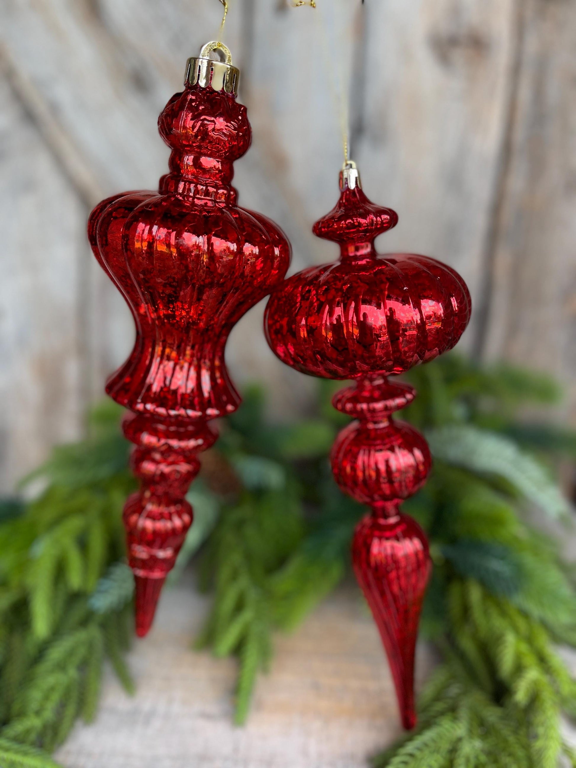 Set of 2 - 12" Red Iridescent Finial Ornament, Shatterproof Ornaments, Finial Ornaments