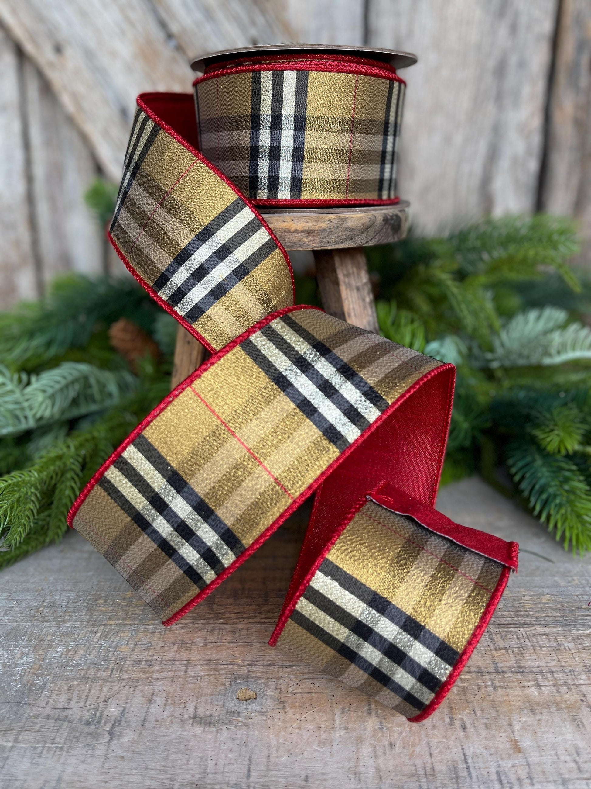 2.5” Burbank holiday plaid, brown black red plaid Christmas ribbon, 10 yards, metallic ribbon, designer plaid, 93920W-974-40F