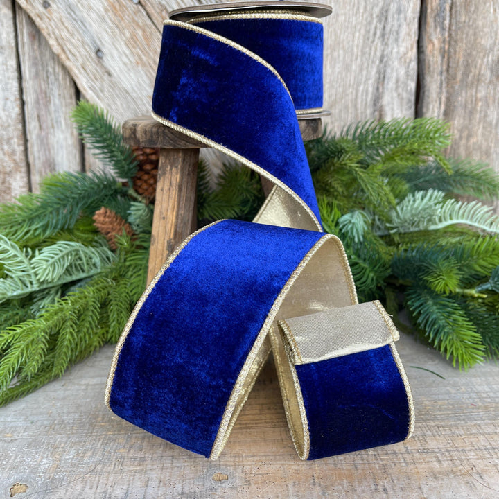 Cobalt Blue Velvet Wired Ribbon: 2.5" x 5 Yards, Gold Backing