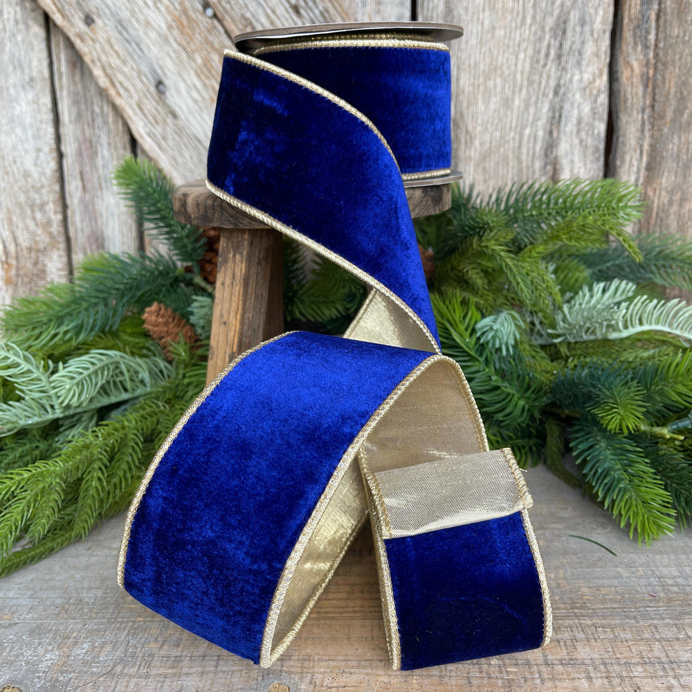 Cobalt Blue Velvet Wired Ribbon: 2.5" x 5 Yards, Gold Backing