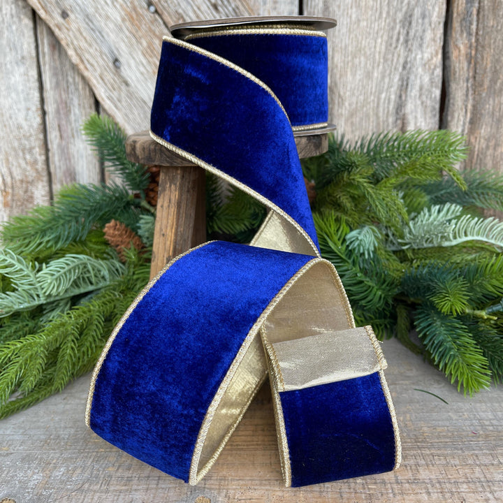 Cobalt Blue Velvet Wired Ribbon: 2.5" x 5 Yards, Gold Backing