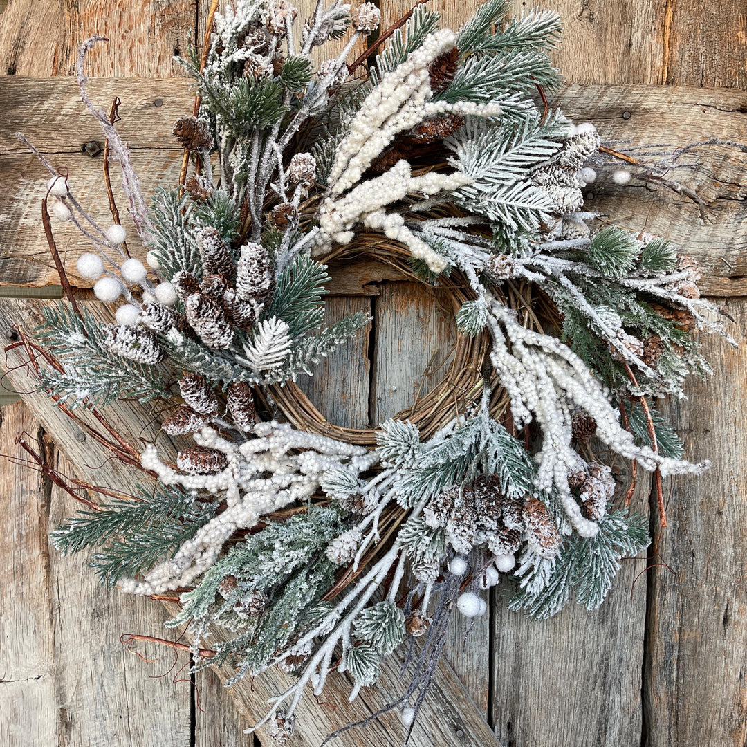 24" Snowy Flocked Wreath,Flocked Front Door Wreath,Christmas Wreath, Artificial Wreath, Christmas Front Door,Pine Wreath,Christmas Farmhouse
