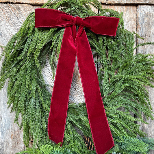 18" Burgundy Velvet Bow, Wreath Bow, Christmas Bow, Ruby Velvet Bow, Simple Bow, Unwired Bow, Bow for Christmas Tree, (bow only)