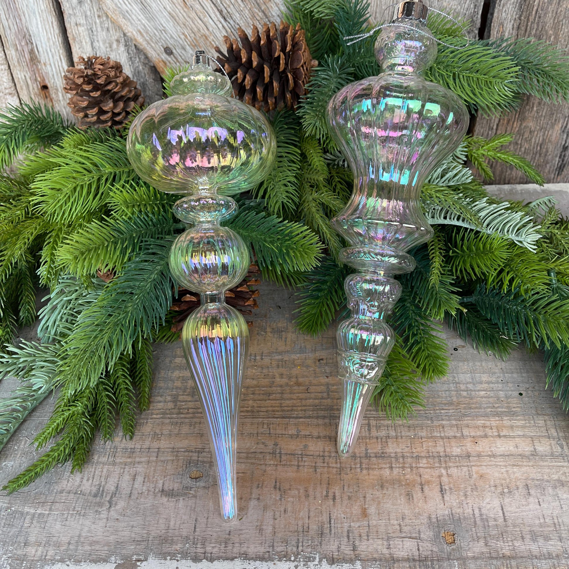 Set of 2 - 12" Iridescent Finial Ornament, Shatterproof Ornaments, Finial Ornaments