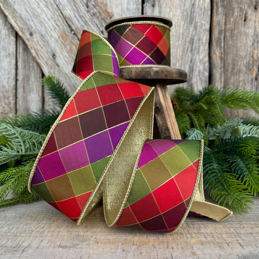 2.5" Fall Diamond Ribbon, Christmas Ribbon, Harlequin Ribbon, Jewel Tone Ribbon