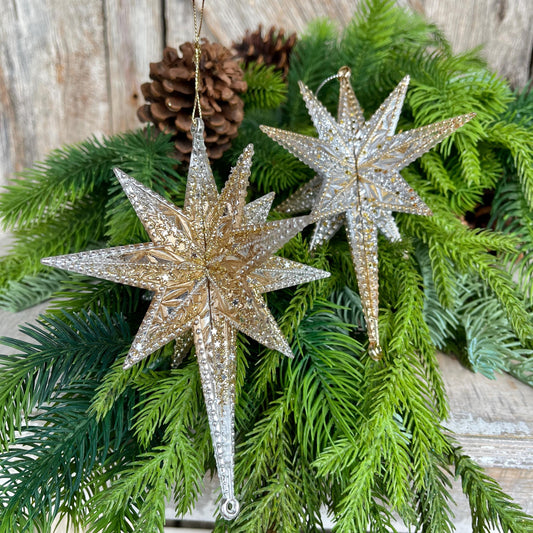 Set of 2 Gold Embroidered Ornaments, 4" Gold Ornaments, Star Ornaments, Gold Christmas Tree Ornaments, Gold Star Ornaments