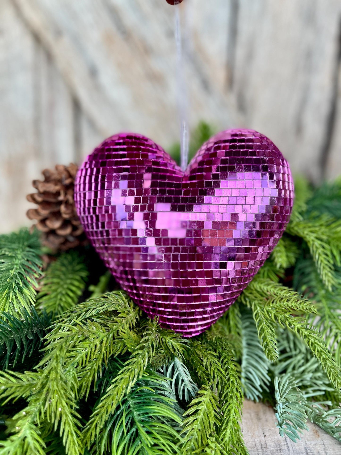 6" Pink Disco Heart Ornament, Pink Heart Ornament, Disco Heart