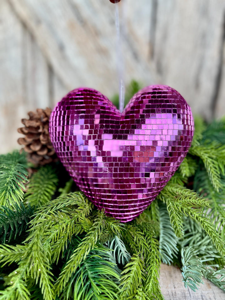 6" Pink Disco Heart Ornament, Pink Heart Ornament, Disco Heart