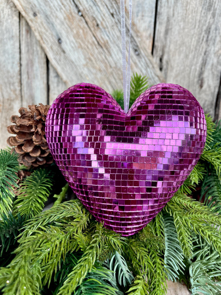 6" Pink Disco Heart Ornament, Pink Heart Ornament, Disco Heart