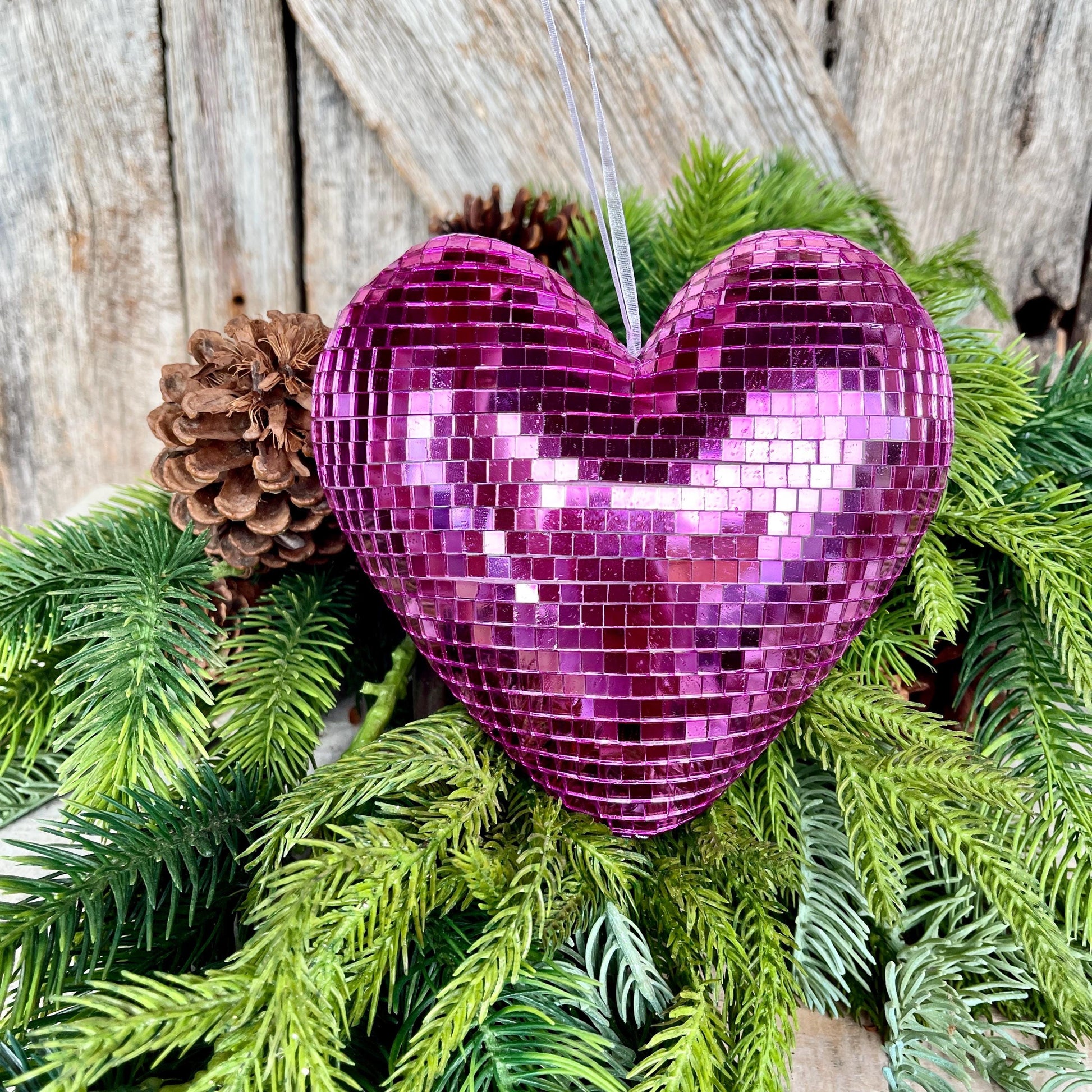 6" Pink Disco Heart Ornament, Pink Heart Ornament, Disco Heart