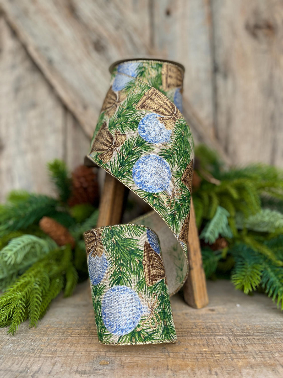 4" Christmas Ribbon with Blue Ornaments &amp; Gold Bells, Holiday Wired Ribbon, Pine Greenery Ribbon