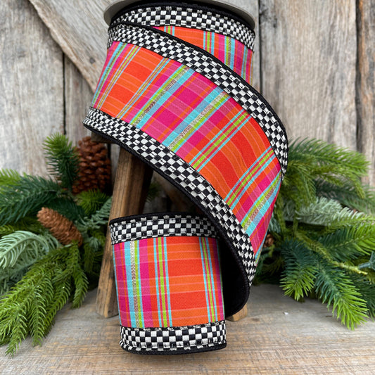 4" Kitschy Plaid Ribbon, Farrisilk Ribbon, Christmas Plaid Ribbon, Halloween Plaid Ribbon, Black White Check, RK850-32