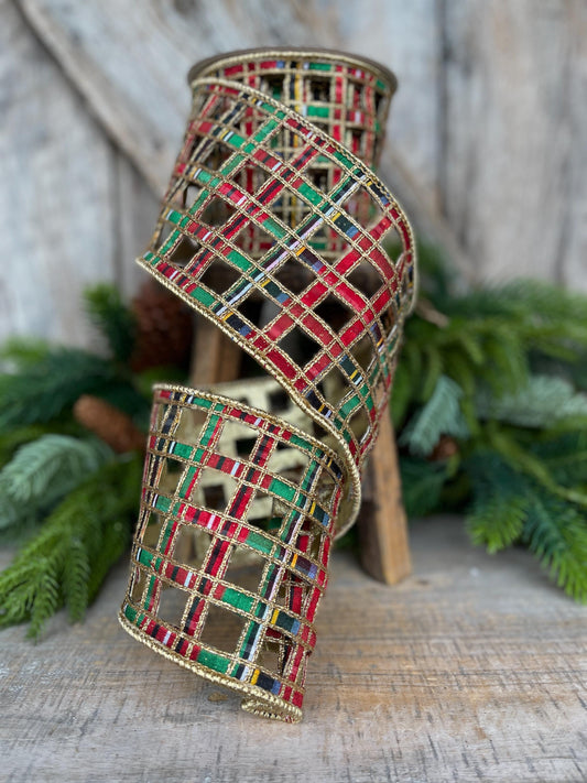 4" Traditional Christmas Plaid Ribbon, Farrisilk Ribbon, Window Plaid Ribbon