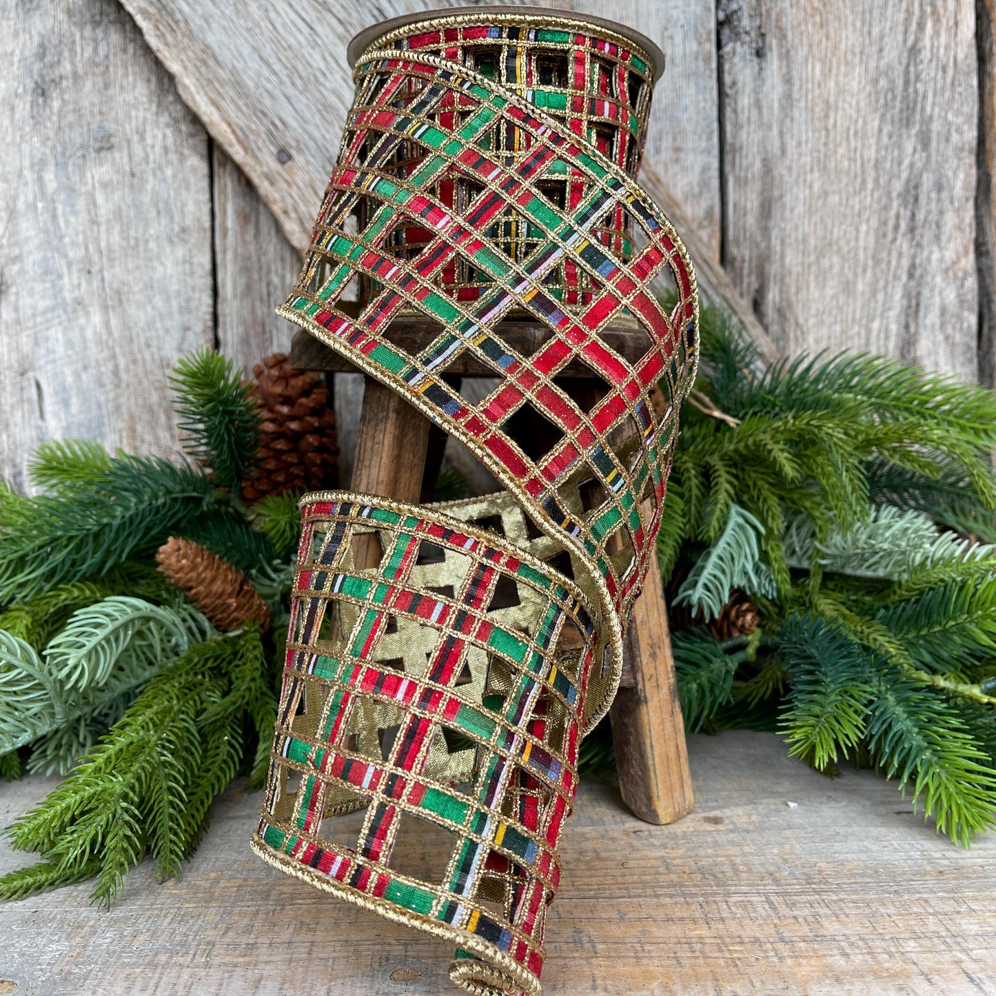 4" Traditional Christmas Plaid Ribbon, Farrisilk Ribbon, Window Plaid Ribbon