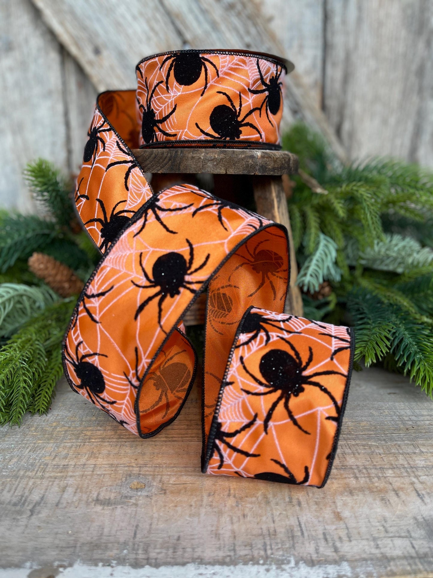 2.5" Orange Spider Ribbon, Farrisilk Ribbon, Halloween Ribbon