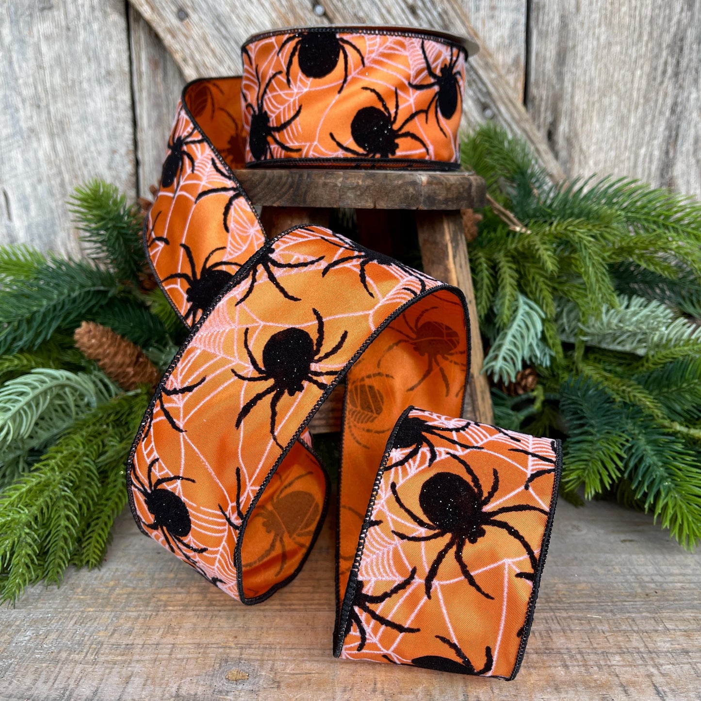2.5" Orange Spider Ribbon, Farrisilk Ribbon, Halloween Ribbon