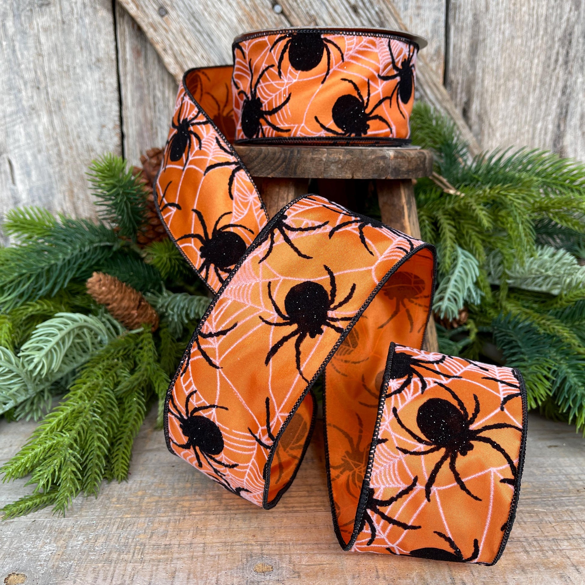 2.5" Orange Spider Ribbon, Farrisilk Ribbon, Halloween Ribbon