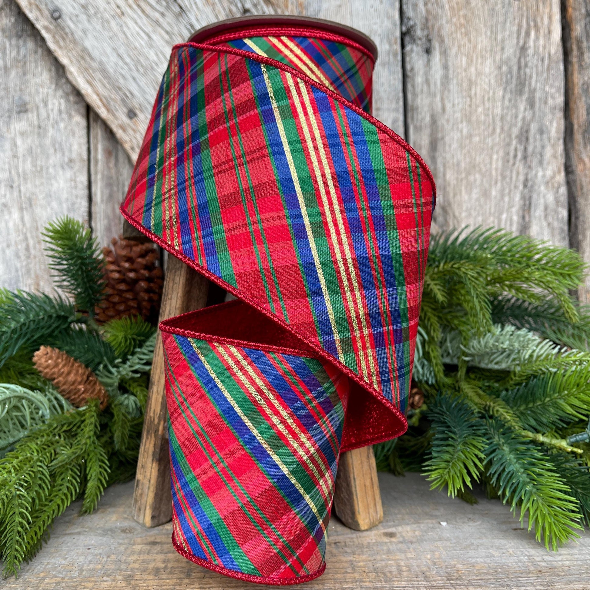 4" Chistmas Plaid ribbon, Farrisilk Ribbon, Nutcracker plaid ribbon, Christmas plaid ribbon, wired ribbon, Glitz Plaid Ribbon, RK701-32