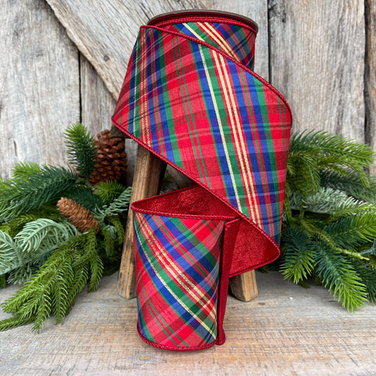 4" Chistmas Plaid ribbon, Farrisilk Ribbon, Nutcracker plaid ribbon, Christmas plaid ribbon, wired ribbon, Glitz Plaid Ribbon, RK701-32