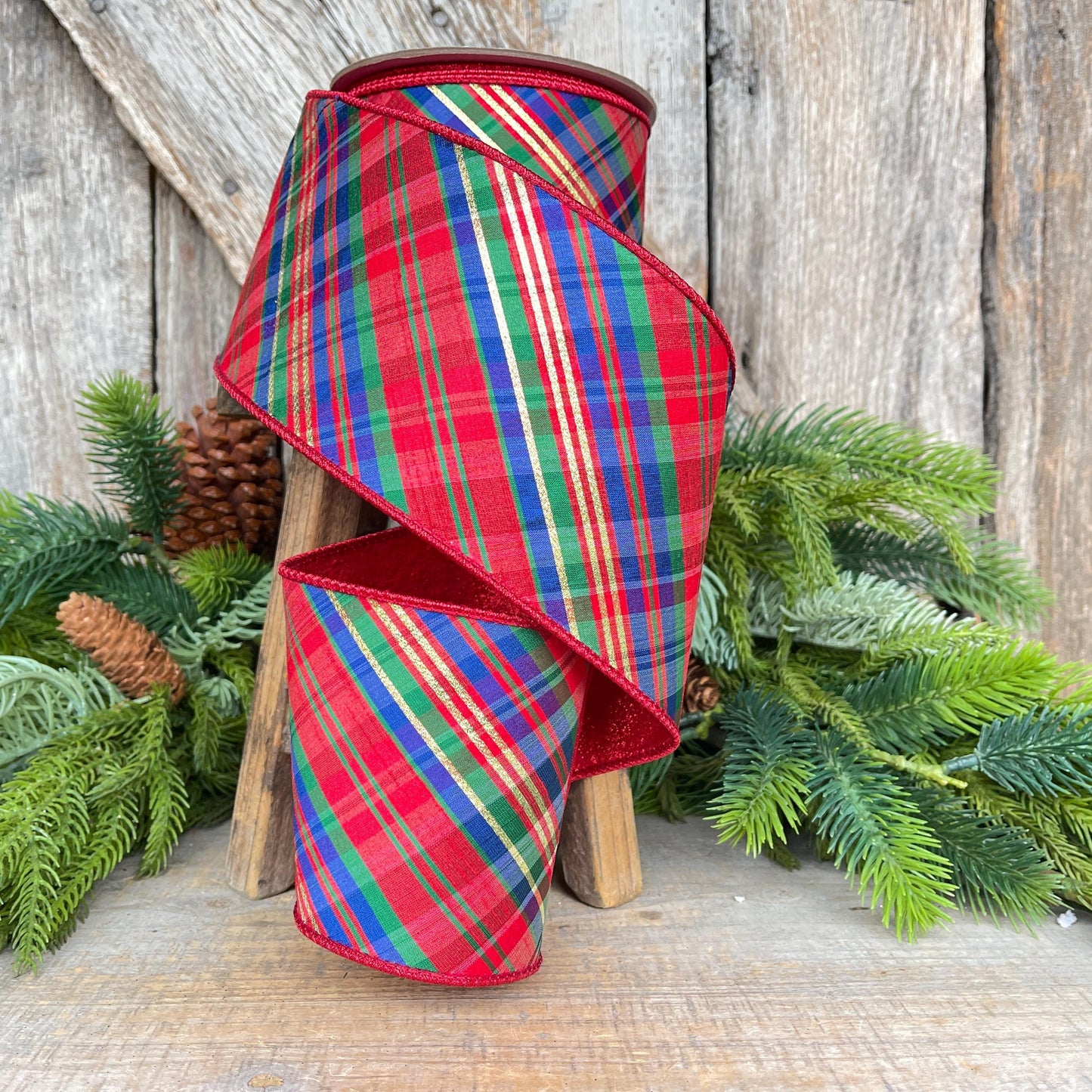 4" Chistmas Plaid ribbon, Farrisilk Ribbon, Nutcracker plaid ribbon, Christmas plaid ribbon, wired ribbon, Glitz Plaid Ribbon, RK701-32