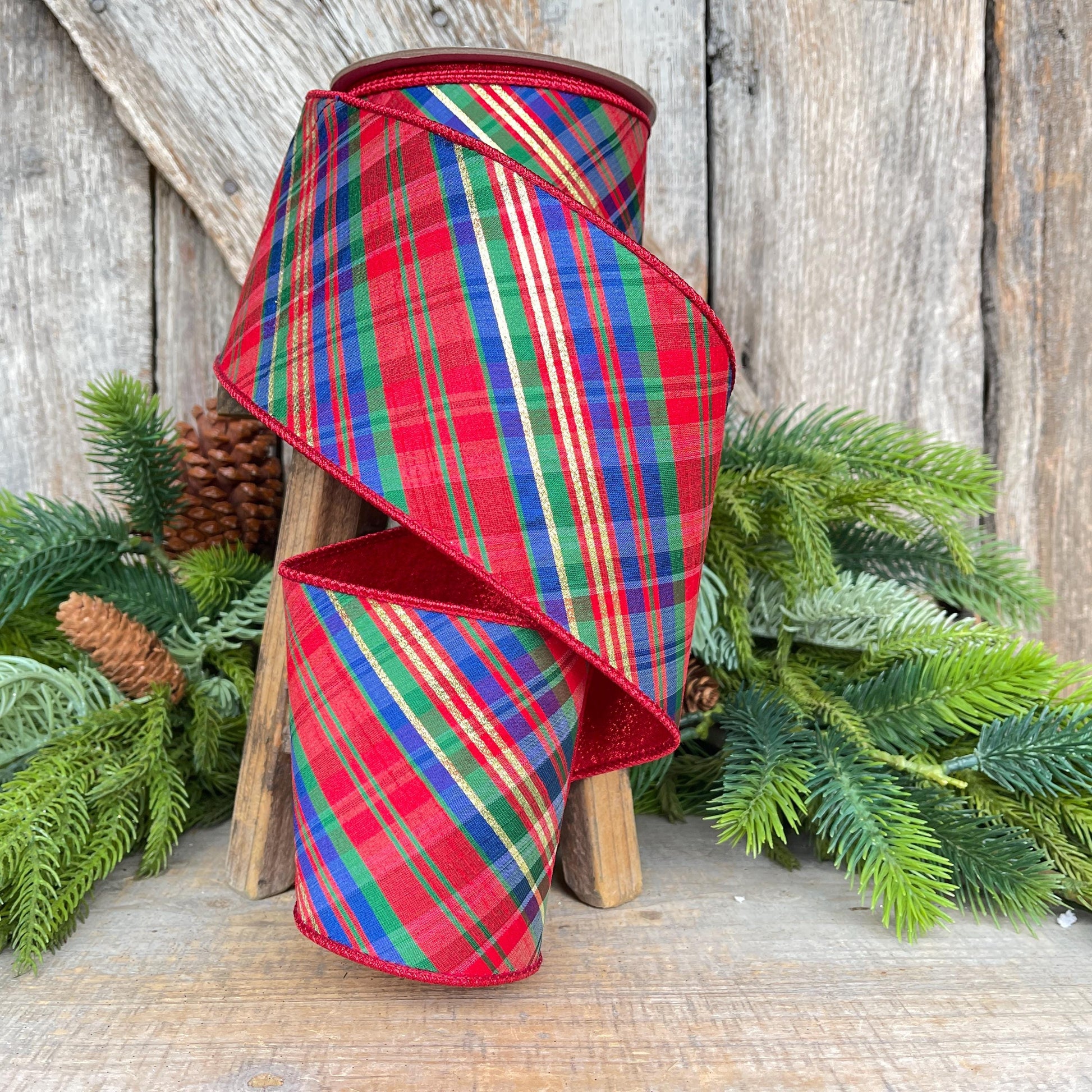 4" Chistmas Plaid ribbon, Farrisilk Ribbon, Nutcracker plaid ribbon, Christmas plaid ribbon, wired ribbon, Glitz Plaid Ribbon, RK701-32