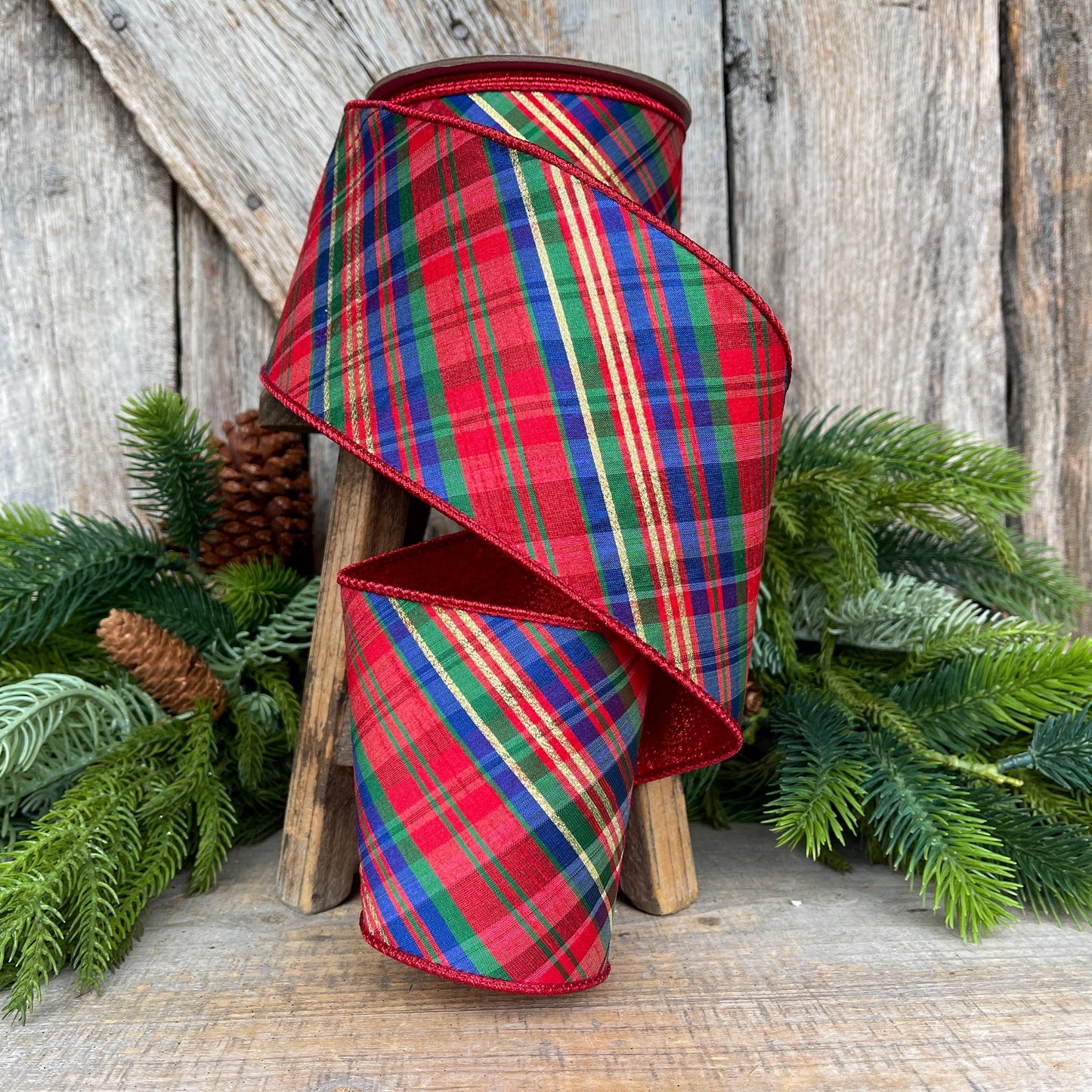 4" Chistmas Plaid ribbon, Farrisilk Ribbon, Nutcracker plaid ribbon, Christmas plaid ribbon, wired ribbon, Glitz Plaid Ribbon, RK701-32