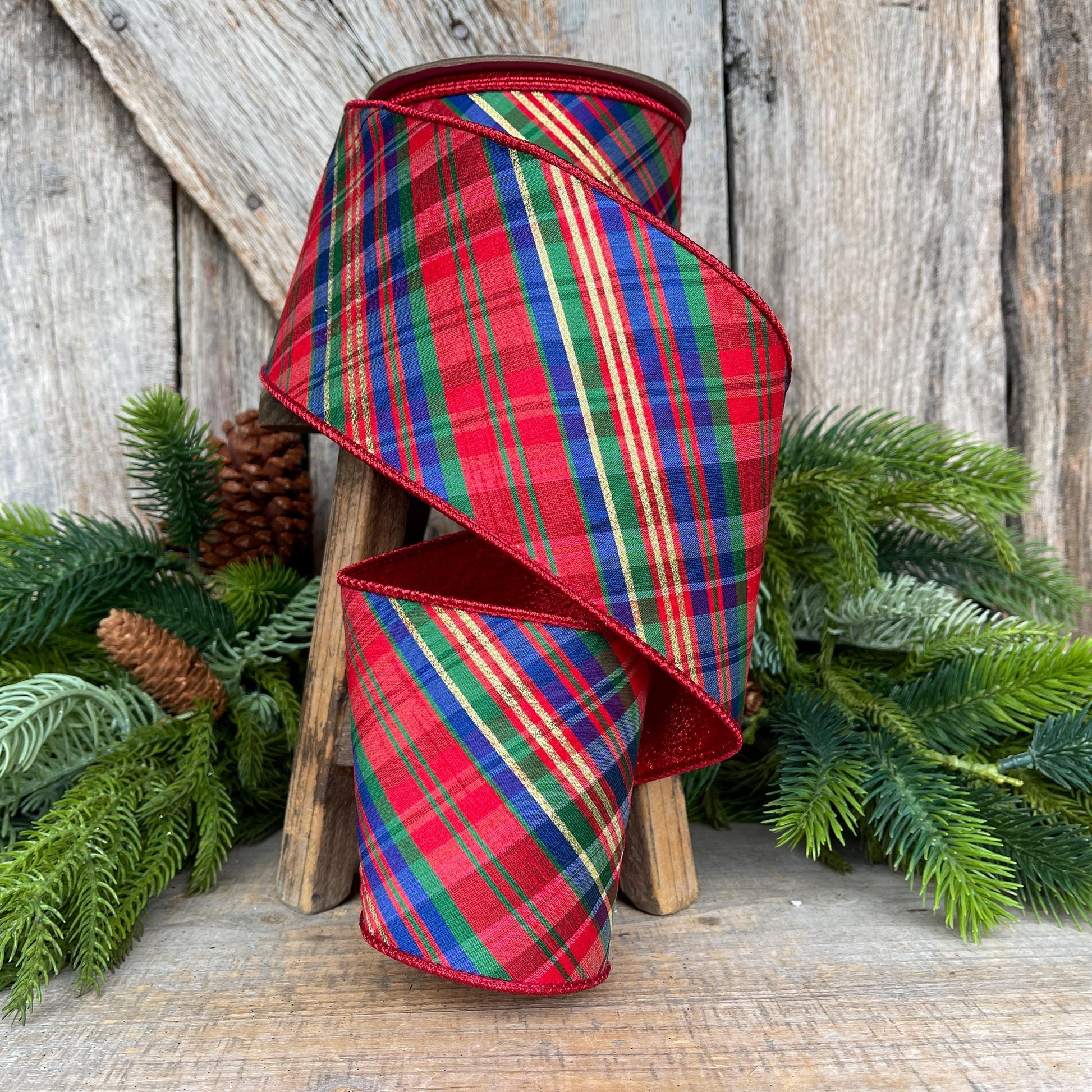 4" Chistmas Plaid ribbon, Farrisilk Ribbon, Nutcracker plaid ribbon, Christmas plaid ribbon, wired ribbon, Glitz Plaid Ribbon, RK701-32
